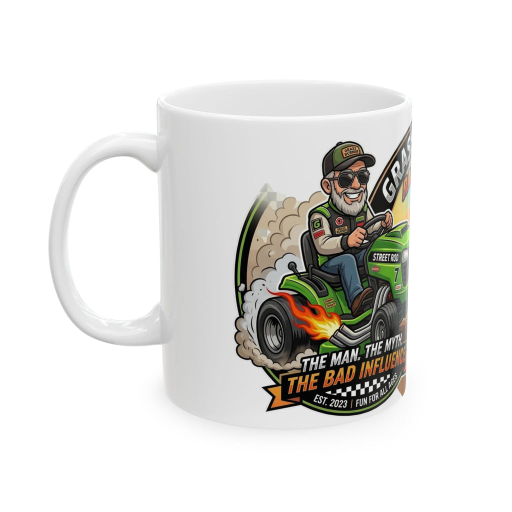 Grass Burner Racing Co. Ceramic Mug – Lawn Mower Racing Design (11oz, 15oz)