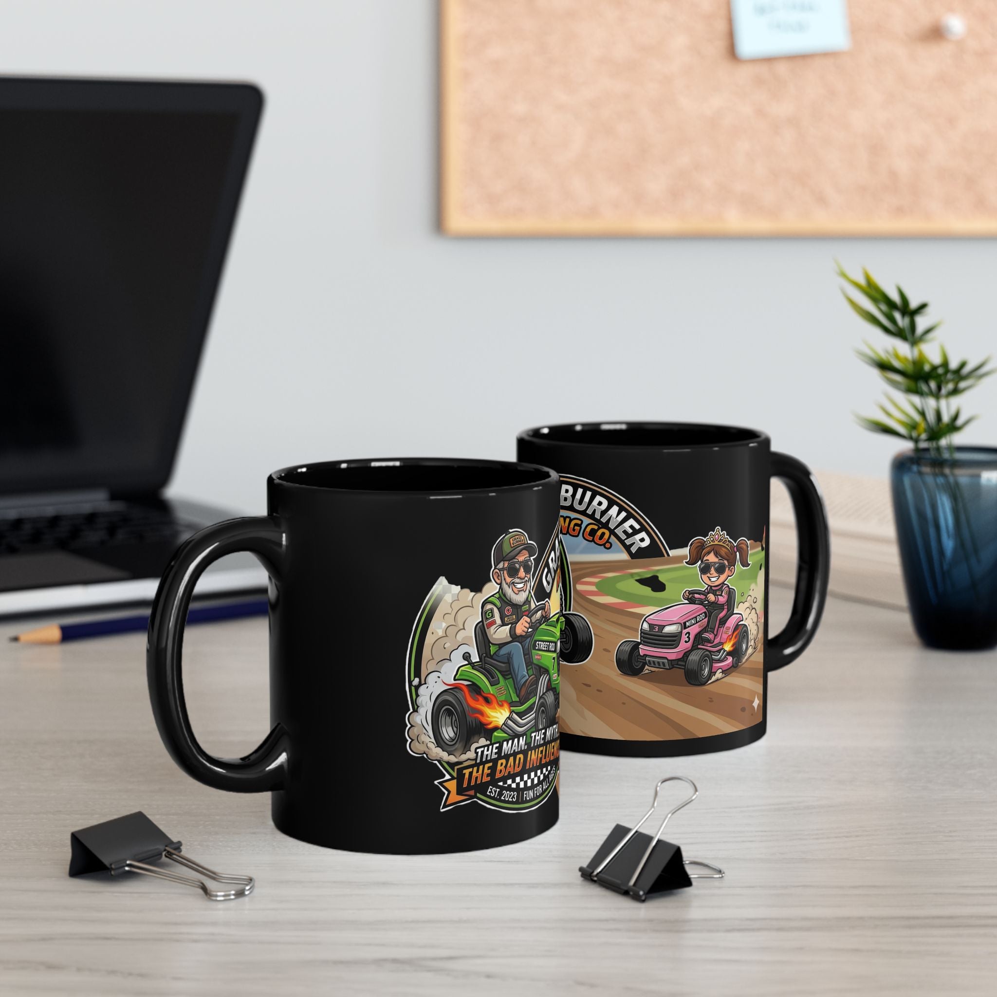 Grass Burner Racing Co. Black Mug — Lawn Mower Racing Funny "Tame the Myth, Bad Influence" Coffee Cup