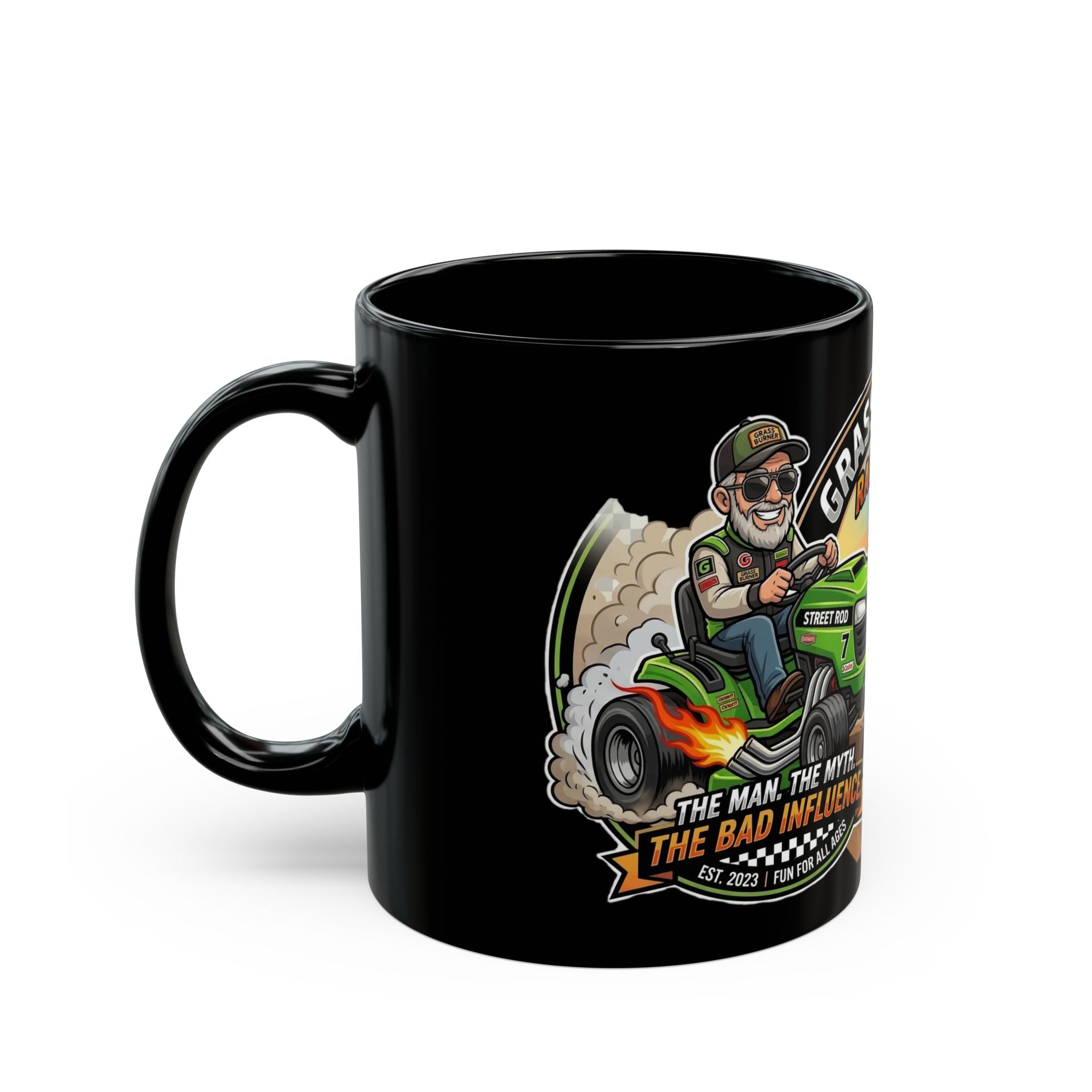 Grass Burner Racing Co. Black Mug — Lawn Mower Racing Funny "Tame the Myth, Bad Influence" Coffee Cup