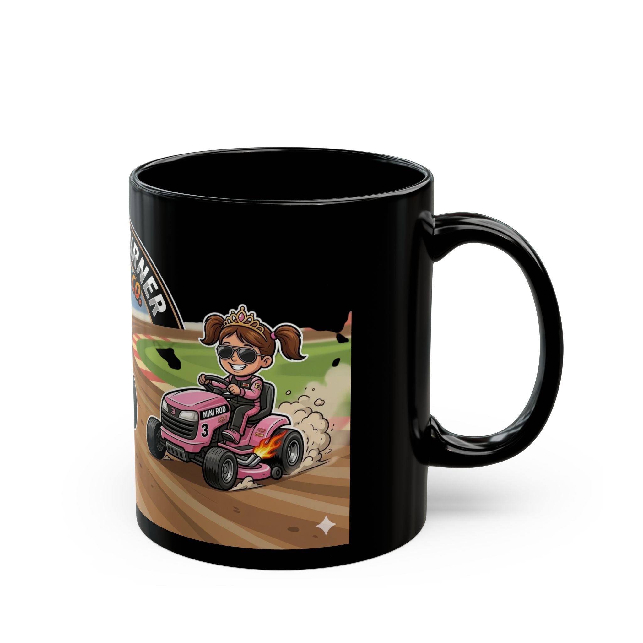 Grass Burner Racing Co. Black Mug — Lawn Mower Racing Funny "Tame the Myth, Bad Influence" Coffee Cup
